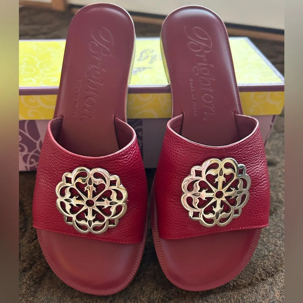 Brighton Red Leather Slide Sandals with Gold Medallions - Picture 1 of 5